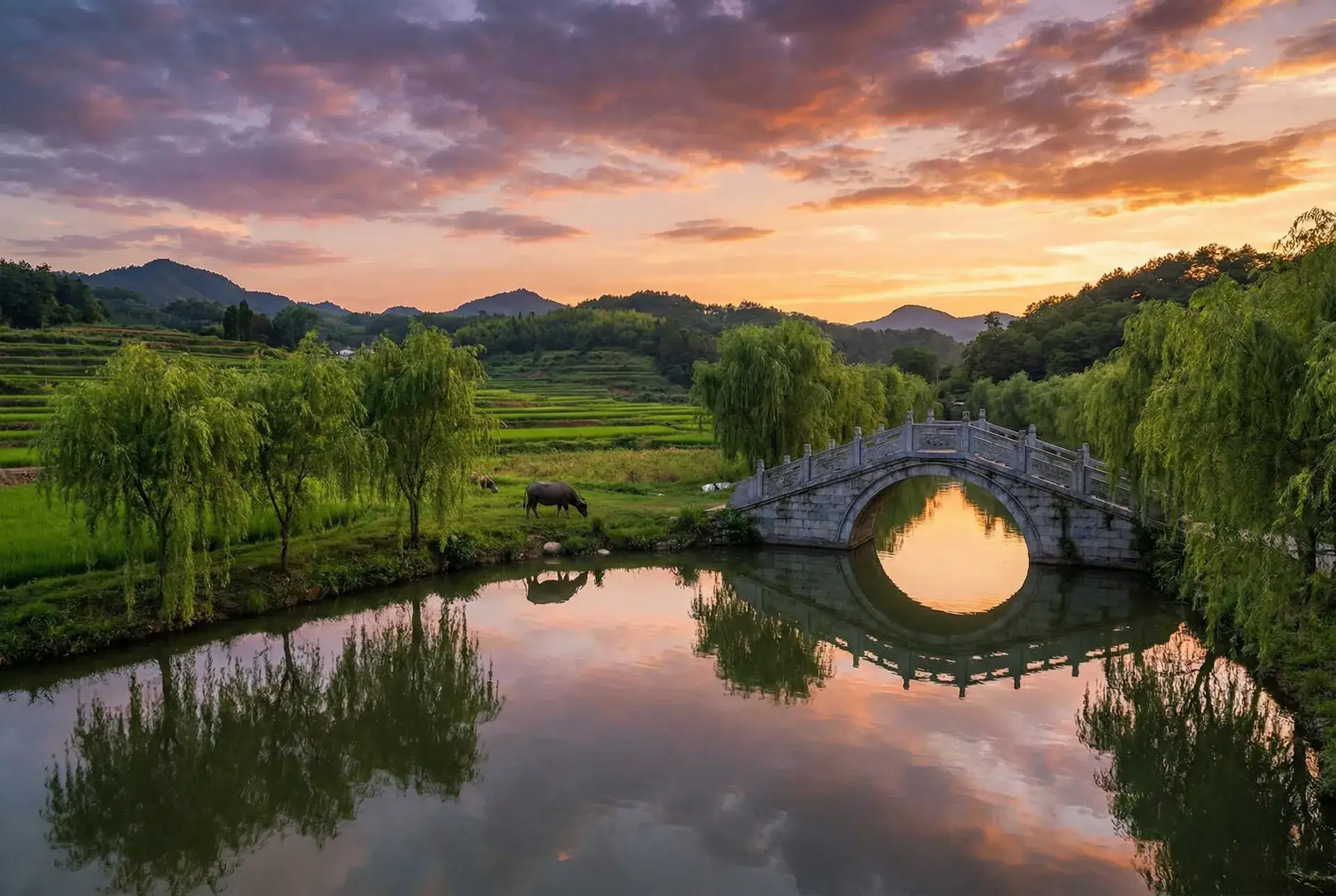 夕阳下的石拱桥与垂柳，水牛在河边吃草 - 无人在线观看免费高清视频播放 乡村美景